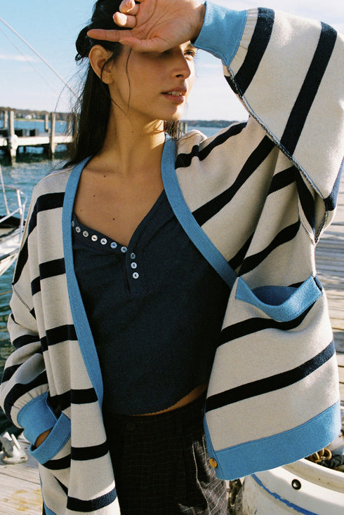 Button Front Striped Relaxed Fit Knit Cardigan