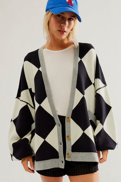 Button Front Striped Relaxed Fit Knit Cardigan