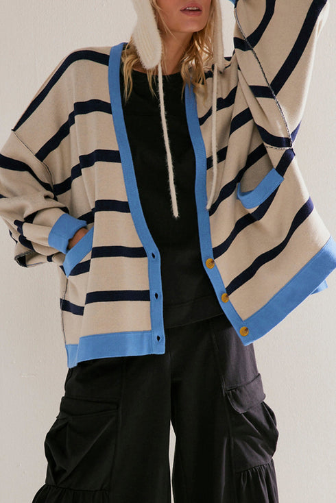 Button Front Striped Relaxed Fit Knit Cardigan