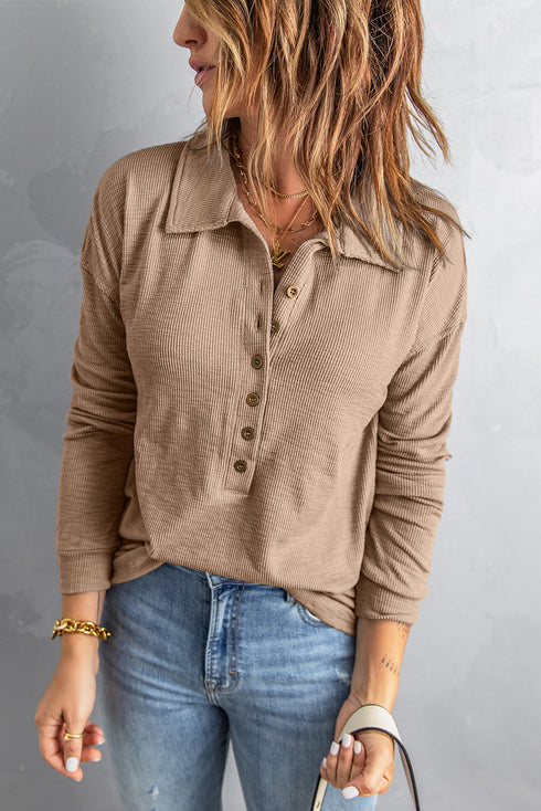 Button Front Turn-Down Neck Knit Top