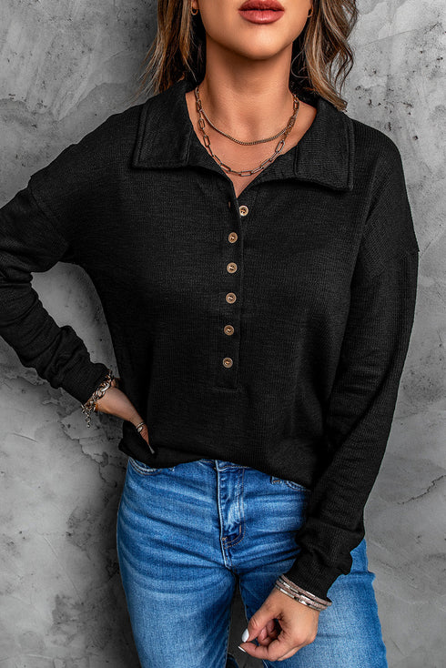 Button Front Turn-Down Neck Knit Top