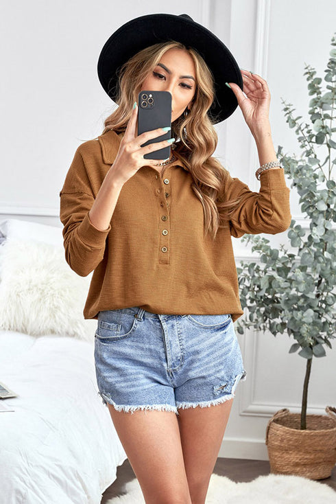 Button Front Turn-Down Neck Knit Top