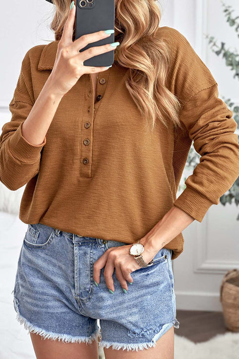 Button Front Turn-Down Neck Knit Top