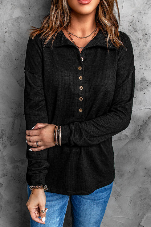 Button Front Turn-Down Neck Knit Top