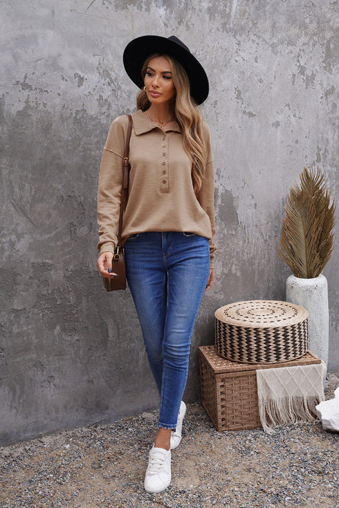Button Front Turn-Down Neck Knit Top