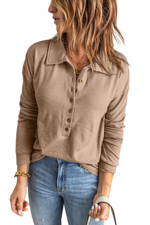 Button Front Turn-Down Neck Knit Top