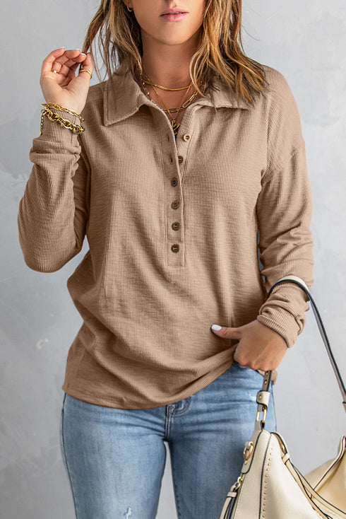 Button Front Turn-Down Neck Knit Top