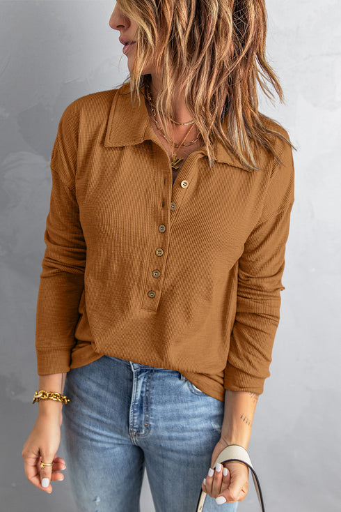 Button Front Turn-Down Neck Knit Top