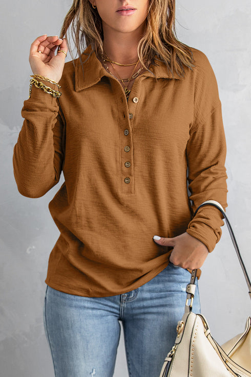 Button Front Turn-Down Neck Knit Top