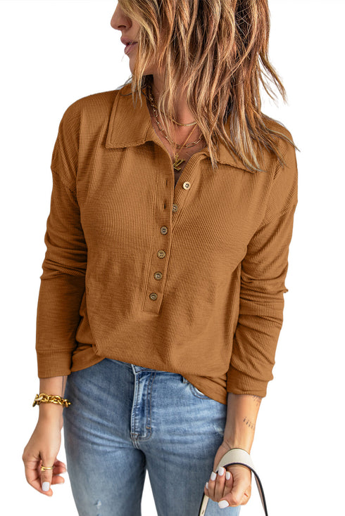 Button Front Turn-Down Neck Knit Top