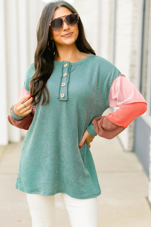 Button Henley Patchwork Textured Knit Balloon Sleeve Top Longline Casual