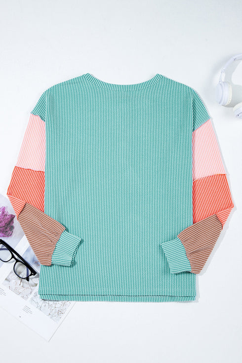 Button Henley Patchwork Textured Knit Balloon Sleeve Top Longline Casual
