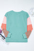Button Henley Patchwork Textured Knit Balloon Sleeve Top Longline Casual