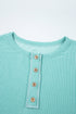 Button Henley Patchwork Textured Knit Balloon Sleeve Top Longline Casual