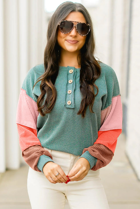 Button Henley Patchwork Textured Knit Balloon Sleeve Top Longline Casual
