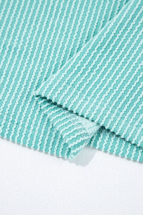 Button Henley Patchwork Textured Knit Balloon Sleeve Top Longline Casual