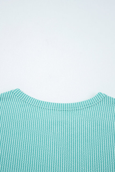 Button Henley Patchwork Textured Knit Balloon Sleeve Top Longline Casual