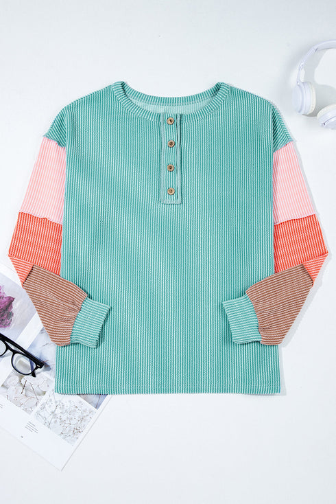 Button Henley Patchwork Textured Knit Balloon Sleeve Top Longline Casual