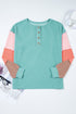Button Henley Patchwork Textured Knit Balloon Sleeve Top Longline Casual