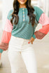 Button Henley Patchwork Textured Knit Balloon Sleeve Top Longline Casual