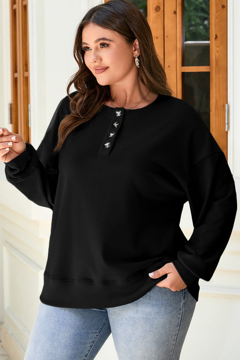 Button Placket Crew Neck Minimalist Inspired Layering Sweatshirt