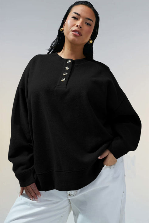 Button Placket Crew Neck Minimalist Inspired Layering Sweatshirt