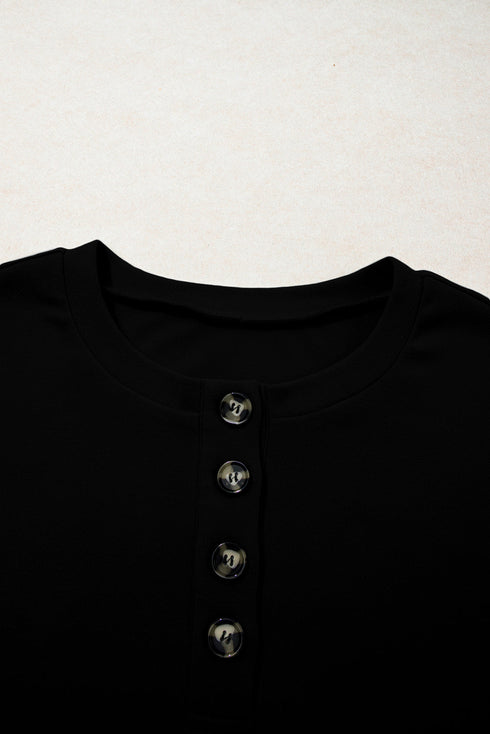 Button Placket Crew Neck Minimalist Inspired Layering Sweatshirt