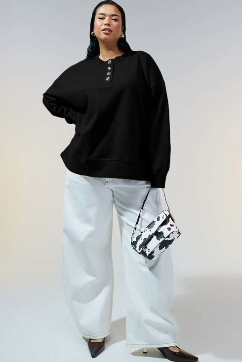 Button Placket Crew Neck Minimalist Inspired Layering Sweatshirt