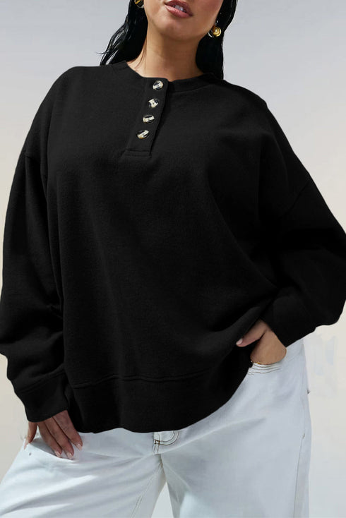 Button Placket Crew Neck Minimalist Inspired Layering Sweatshirt