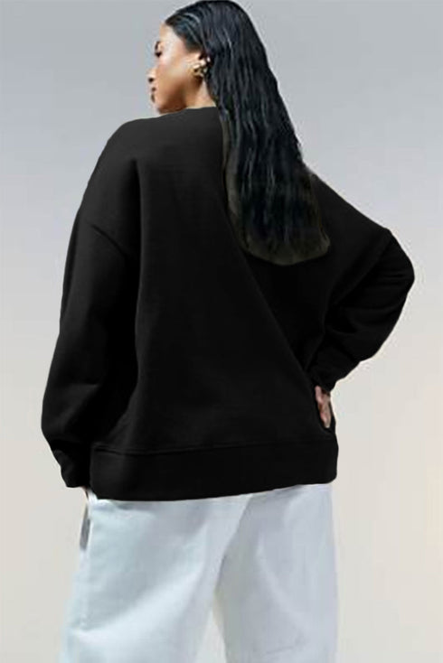 Button Placket Crew Neck Minimalist Inspired Layering Sweatshirt