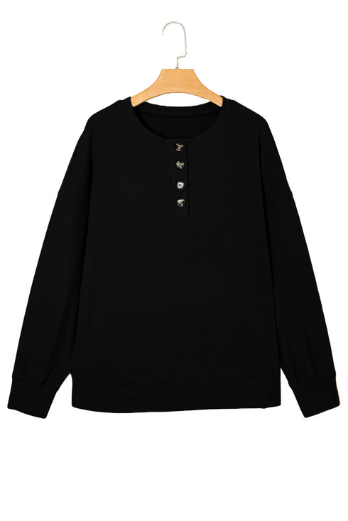 Button Placket Crew Neck Minimalist Inspired Layering Sweatshirt