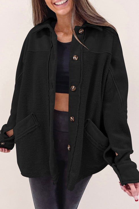 Button-Up Stitching Pocket Raw Hem Shacket