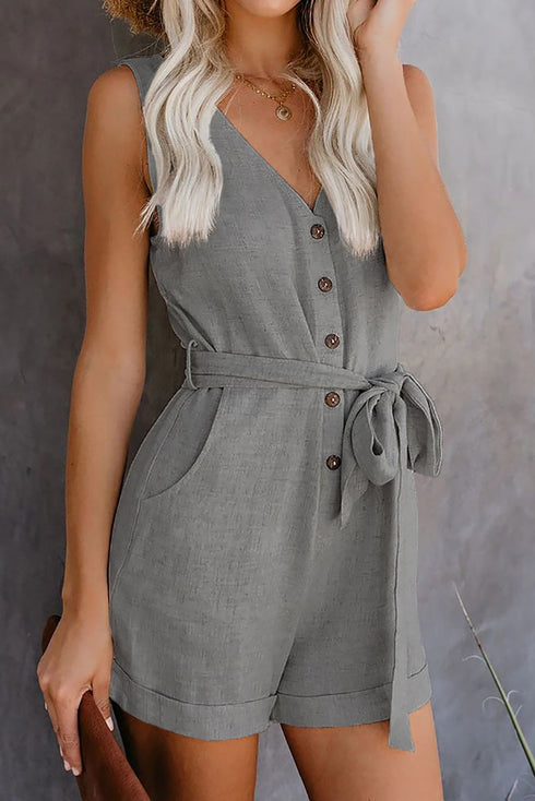 Button V Neck Romper With Belt