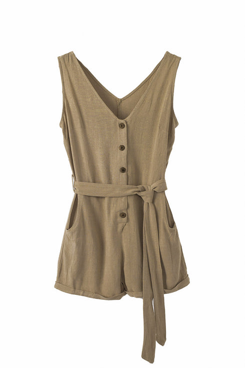 Button V Neck Romper With Belt