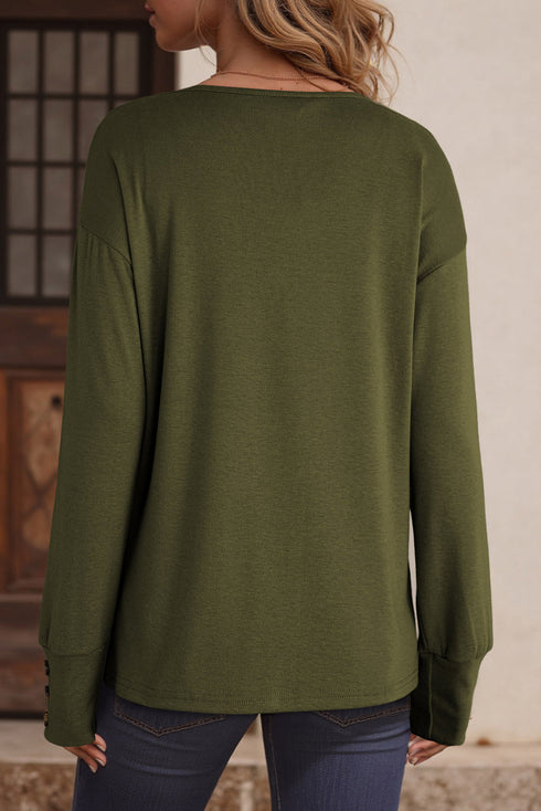 Buttoned Cuff Drop Shoulder V Neck Long Sleeve Top