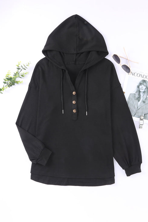 Buttoned High And Low Hem Hoodie