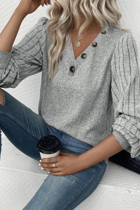 Buttoned V Neck Ribbed Puff Sleeve Top