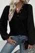 Buttoned V Neck Ribbed Puff Sleeve Top