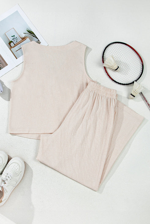 Buttoned V Neck Tank Top Wide Leg Pant Set