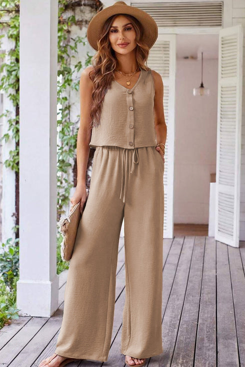Buttoned Vest Drawstring Wide Leg Pants 2pcs Set