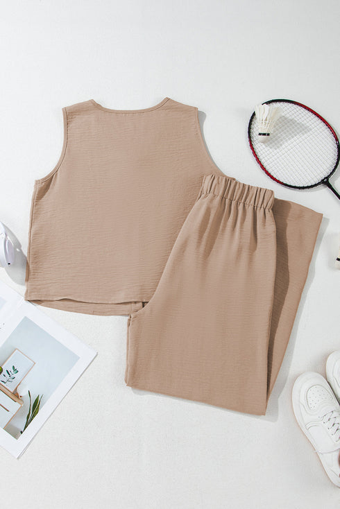 Buttoned Vest Drawstring Wide Leg Pants 2pcs Set