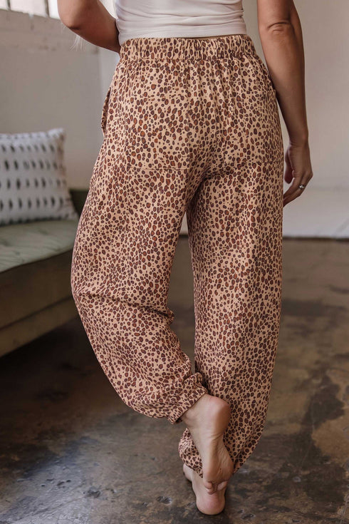 Leopard Print Drawstring Waist Patch Pockets Pants