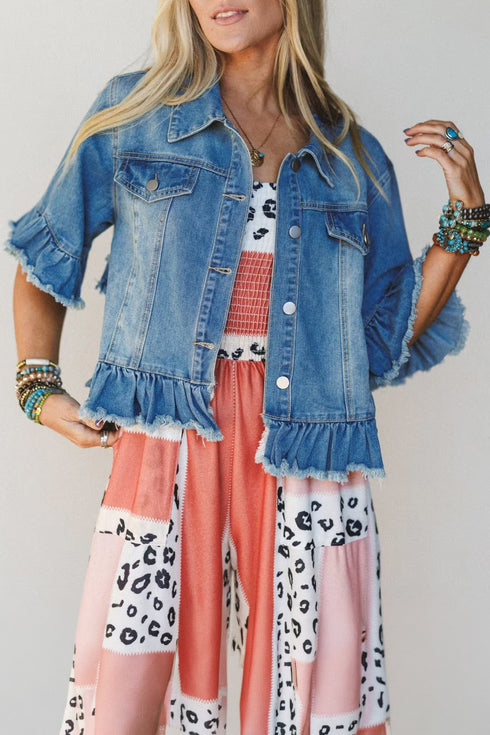 Western Ruffle Hem Raw Edge Half Sleeve Denim Jacket
