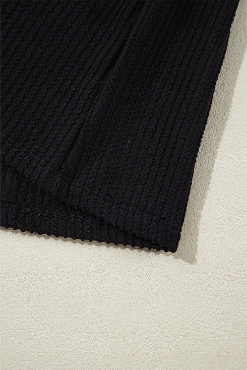 Solid Corded Knit Collared Roll Tab Sleeve Dress