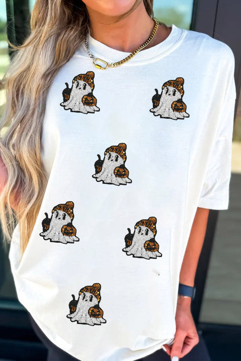Sequined Ghost Print Short Sleeve Graphic Tee