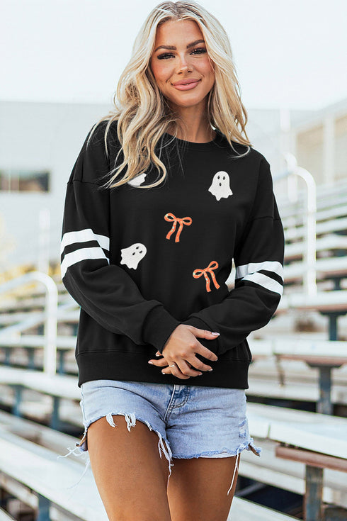 Sequin Ghosts Bows Graphic Varsity Striped Sleeve Pullover Sweatshirt