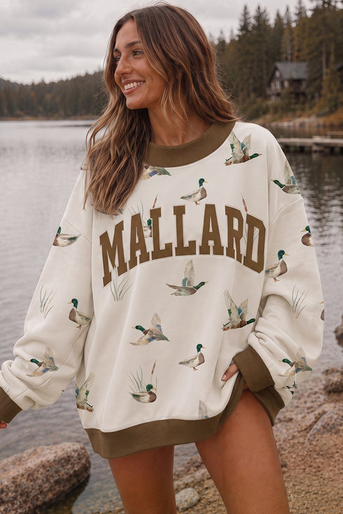 Mallard Letter Print Western Baggy Pullover Sweatshirt