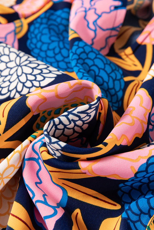 Hydrangea Floral Print Bishop Sleeve V Neck Shift Dress