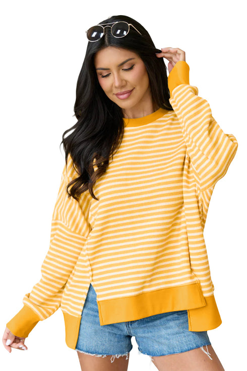 Striped Waffle Knit Split Hem Textured Long Sleeve Top