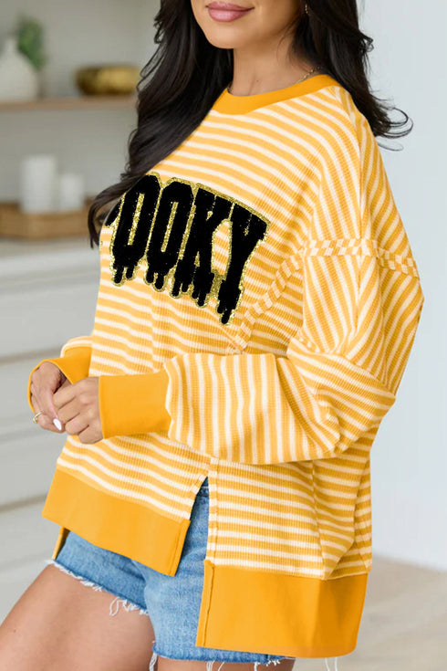 Spooky Slogan Stripe Split Hem Long Sleeve Sweatshirt